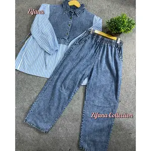 Zifana-Alisa Oneset Jeans Kombinasi Motif Salur Busui friendly Wanita Kekinian Dewasa - Muslim Gamis