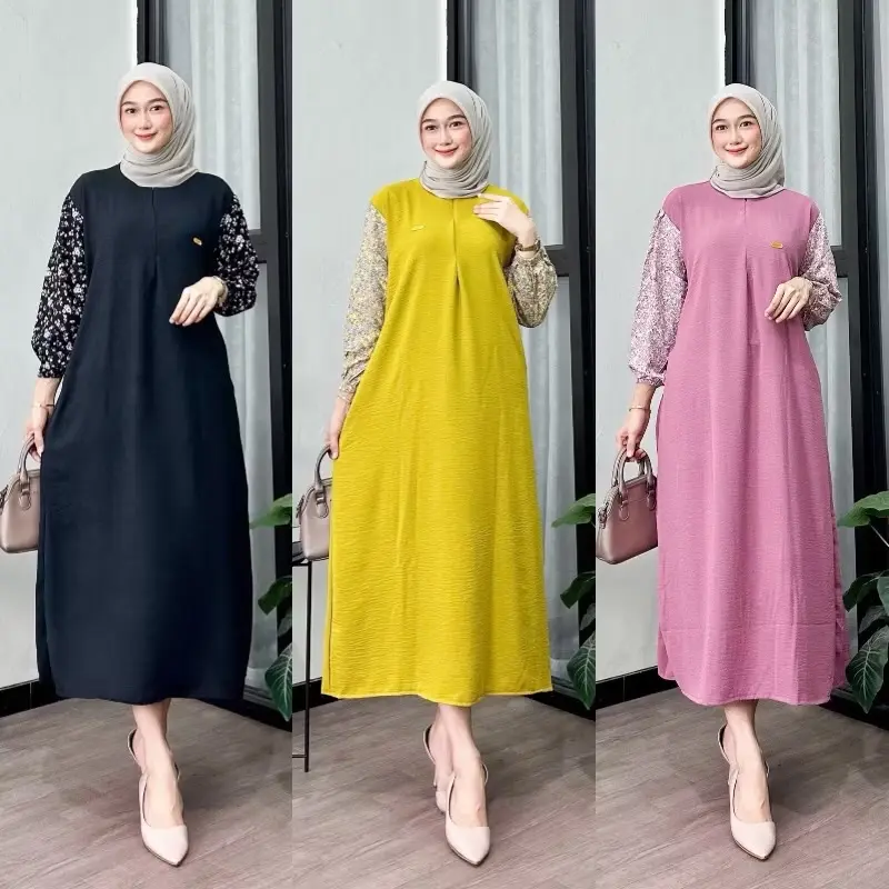 Paket Daster 3 Pcs  Gamis Crinkle Airflow Ld 120 Pb 130 Kombinasi Lengan Motif 4