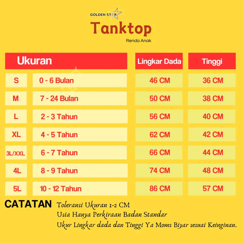 6 & 12 tentop anak warna warni / tangtop anak perempuan Renda / tangtop anak lusinan golden Star / tentop anak  6–12 tahun tank top anak 9–12 kaos dalam baju dalaman Fashion Atasan 2