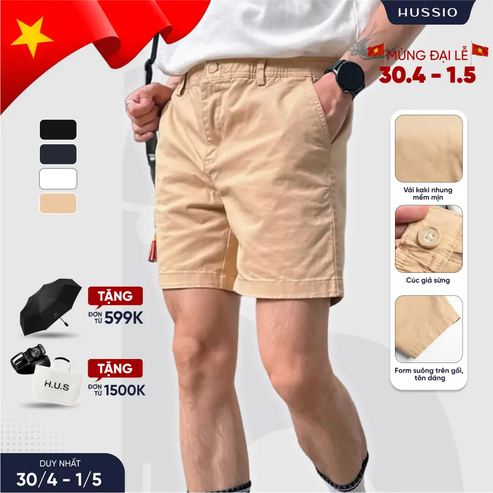 Quần short nam CHICAGO vải Kaki nhung mềm mịn, trẻ trung, năng động - HUSSIO