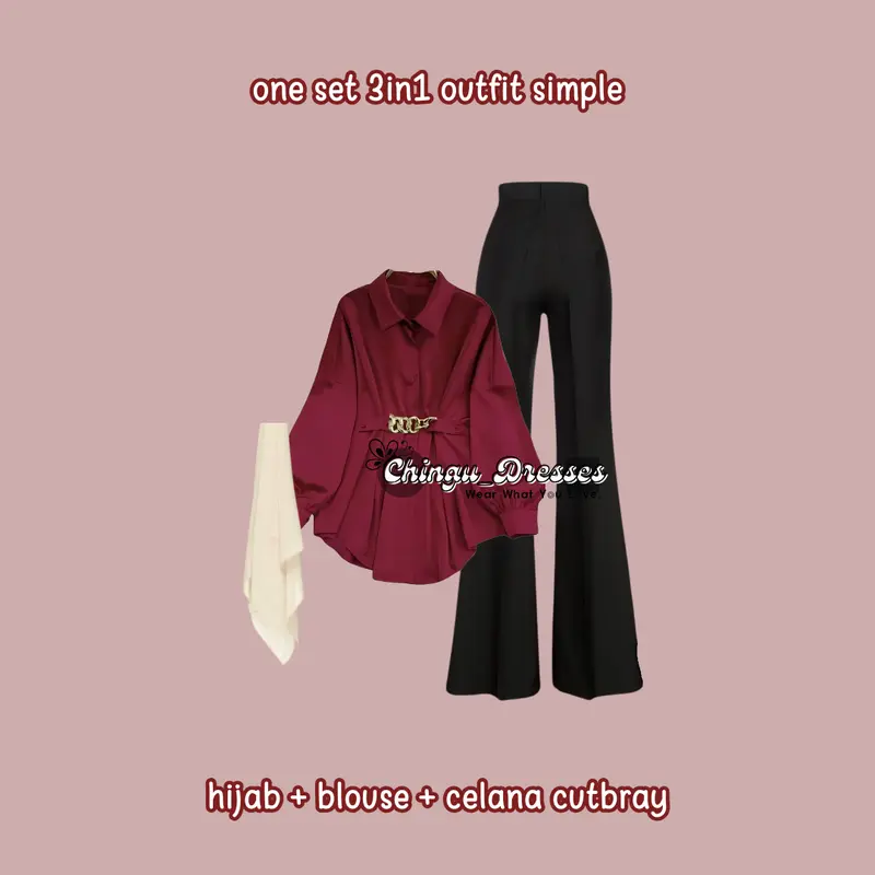 One Set 3in1 Blouse Rantai Celana Cutbray Hijab Segi Empat Setelan Korean Style CH Rein 124 1