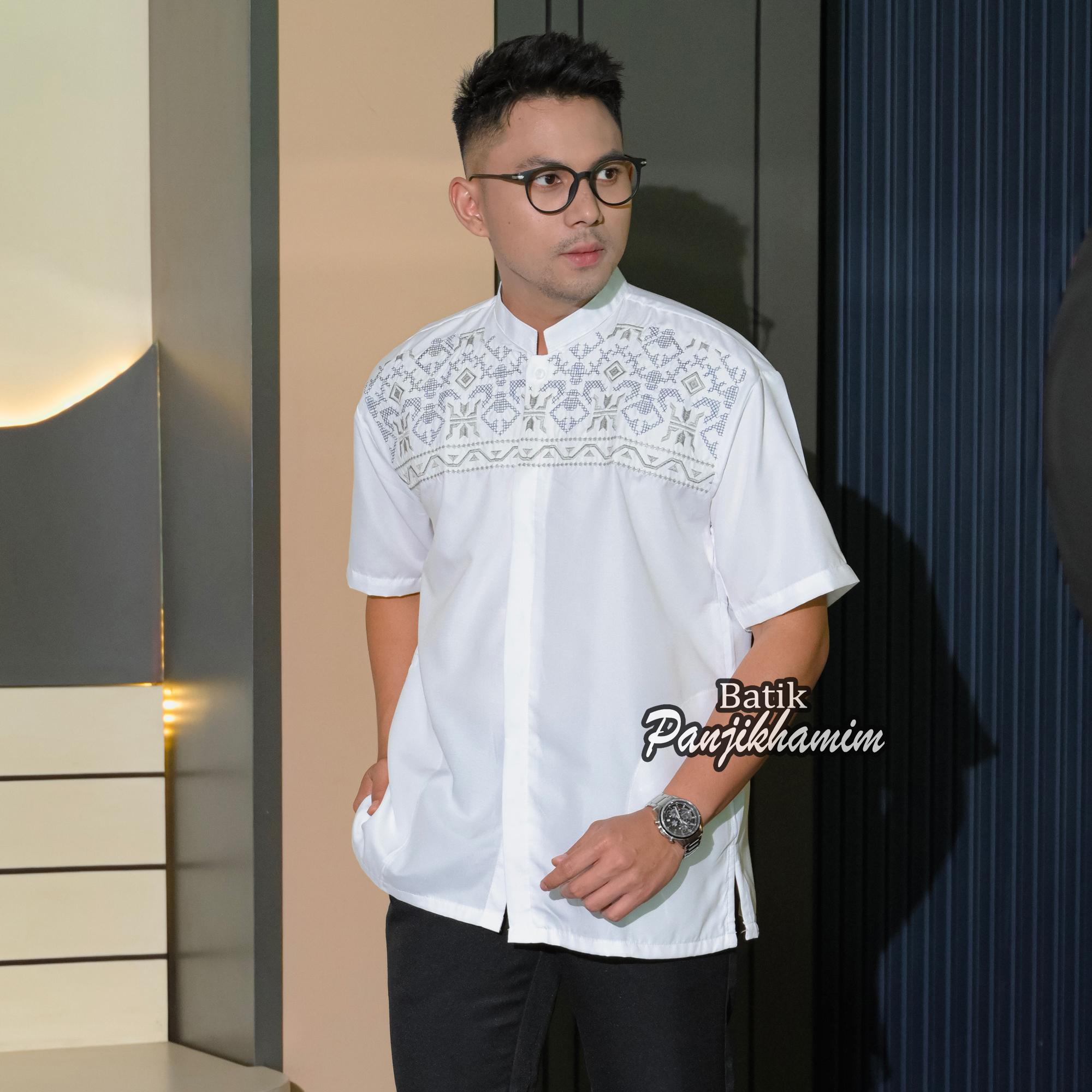 Baju Koko Pria Lengan Pendek Bordir Warna Putih Bahan Katun Adem Busana Muslim Dewasa Jumbo