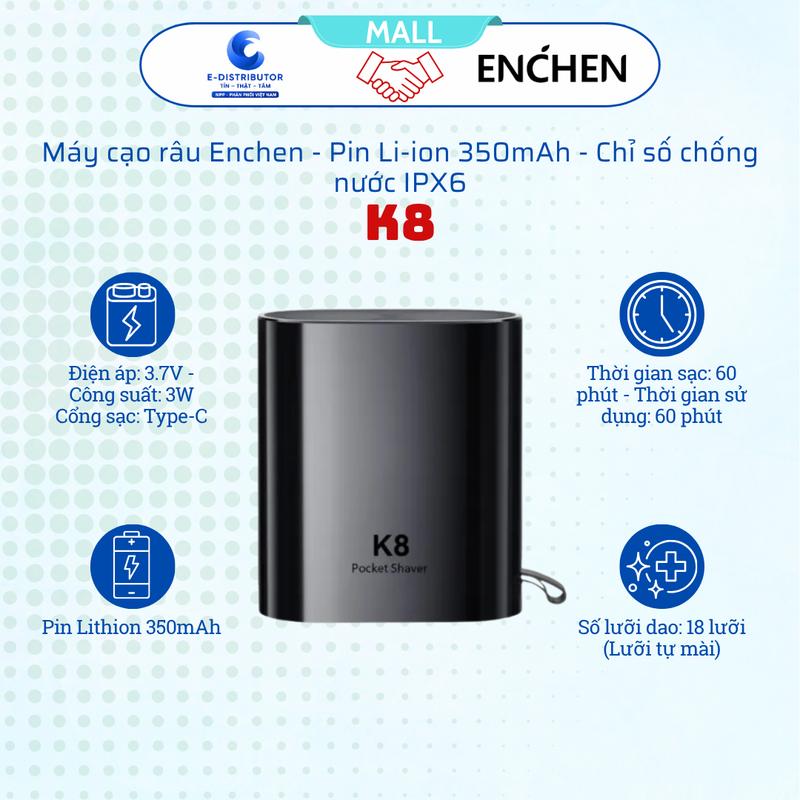 ENCHEN - Máy cạo râu mini K8, Chống nước IPX5, đầu cạo 2D từ tính, pin 350mAh, sạc Type-C