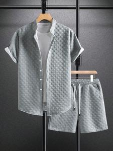 メンズ ワッフル生地シャツ＆ショートパンツ セットアップ、ポケット付き半袖シャツ、春夏向けカジュアル2点セット