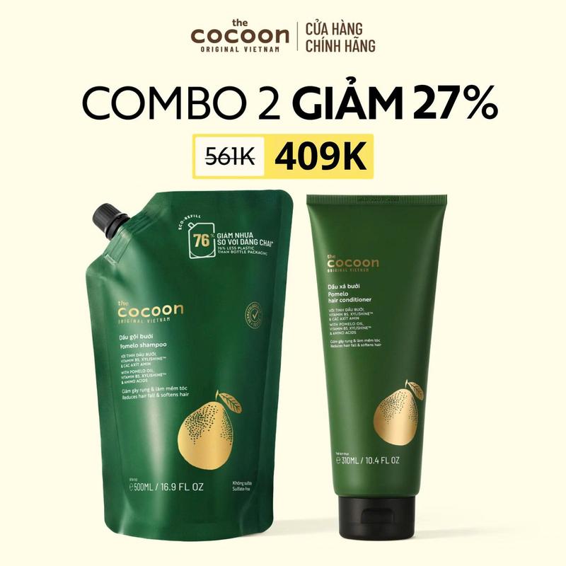COMBO TÚI REFILL - Dầu gội bưởi Cocoon giúp giảm gãy rụng và làm mềm tóc 500ml + Dầu xả bưởi 310ml
