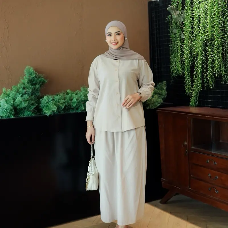 Ayana Set by Adiyana Apparel- krem Fit Nyaman Muslim Wanita Gamis Setelan Panjang Lembut Jilbab Celana