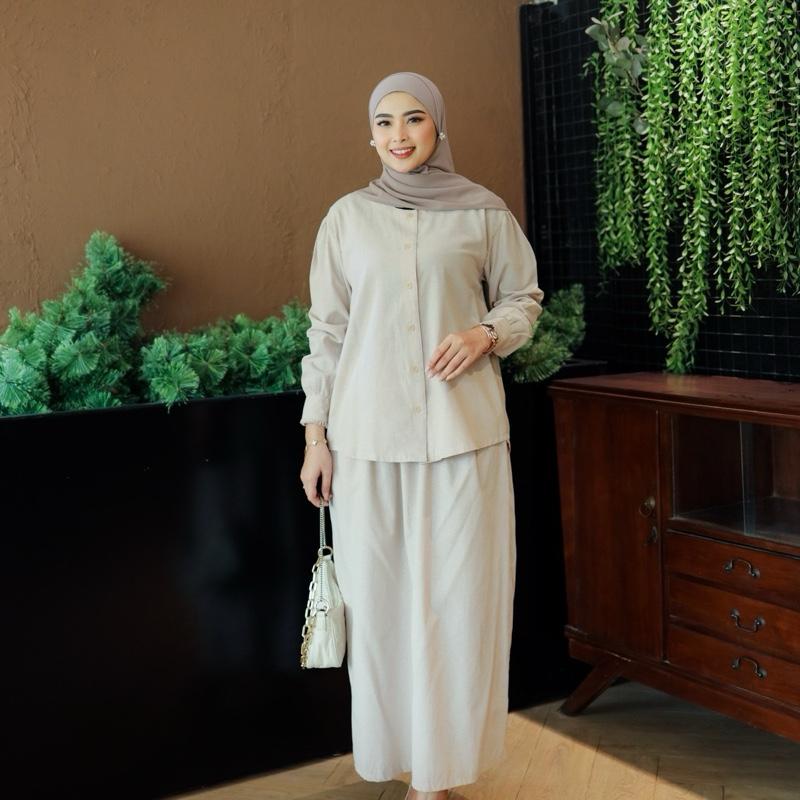 Ayana Set by Adiyana Apparel- krem Fit Nyaman Muslim Wanita Gamis Setelan Panjang Lembut Jilbab Celana 0