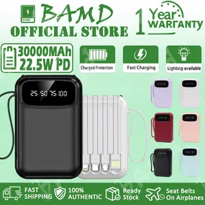 BAMD Powerbank 30000mAh dengan 4 Kabel Pengisian Cepat Mudah Dibawa Flashlight untuk Tipe C Micro iPhone Ramah Terbang 22.5W PD 5V 2.1A