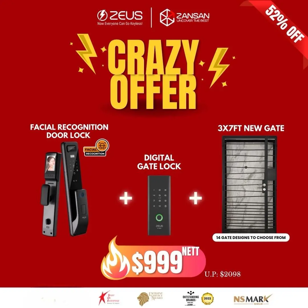 [Crazy Offer] New Gate + Zeus E-860 Fire Rated Facial Recognition Door Lock + S-320G Gate Lock - Facial Recognition/ PIN/ RFID/ Fingerprint/ Keys / Free Installation