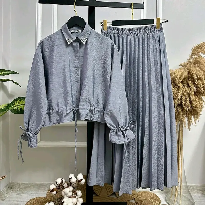 Jihan One Set Rok Plisket | Setelan Wanita Muslim Atasan Crop Rok Panjang Kulot Plisket Full Kancing Kerah Kemeja Crinkle Airflow Karet Melar 7