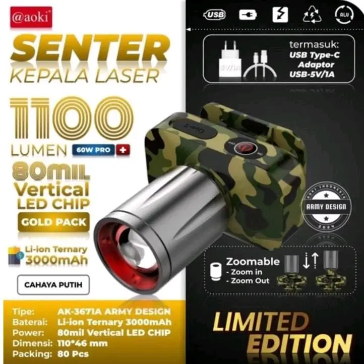 Aoki SENTER kepala Army ZOOM 1100Lumen 80MIL VERTICAL LED Chip 60W Pro Camping