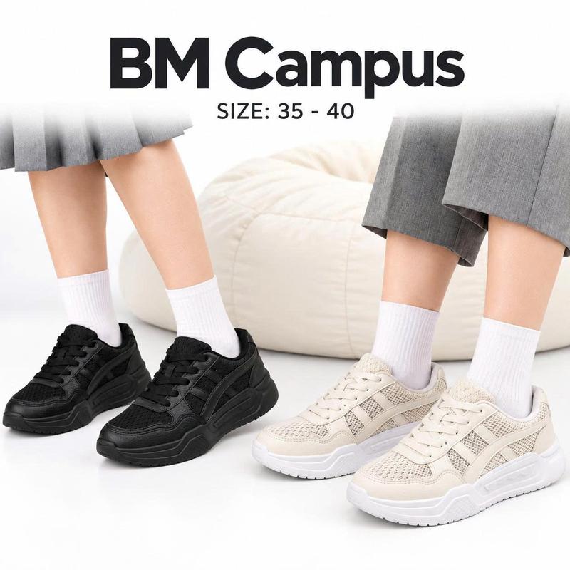 Giày Sneaker BM Campus Đen Kem Nam Nữ – Vải lưới thoáng khí