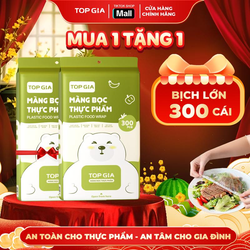 MUA 1 TẶNG 1 - SIZE ĐẠI 38CM Túi Màng Bọc Thực Phẩm TOP GIA Treo Tường Dạng Rút An Toàn Tiện Lợi Có Chun Co Dãn Đa Chiều Siêu Dai Bịch 300 Cái Chất Liệu PE Dày Bền Chống Bay Mùi Giữ Mới Thực Phẩm MangBocThucPhamCoGian MBTP