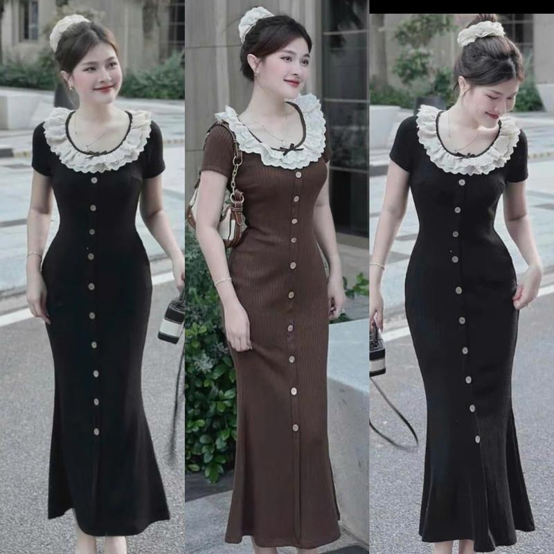 Dưới 53kg Đầm body nữ maxi đuôi cá cổ vuông phối bèo ren nơ đính nút chất thun tăm dễ thương sang trọng