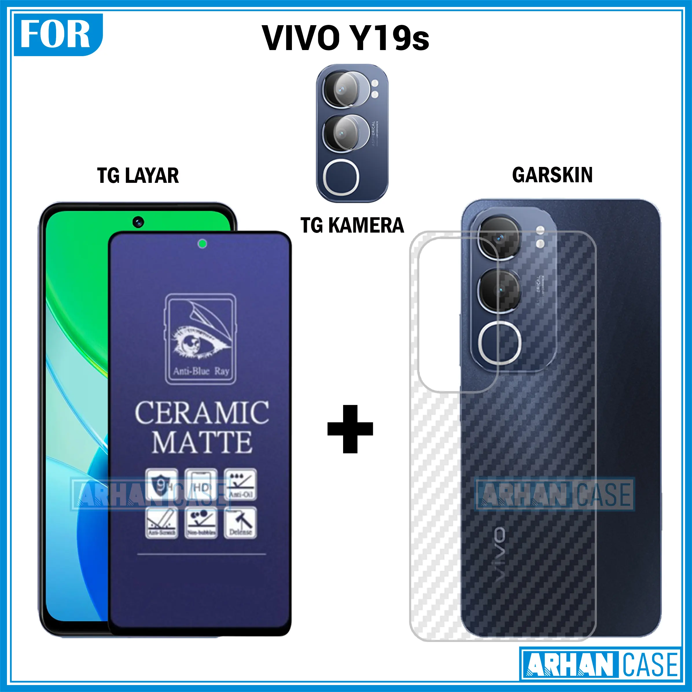 Paket Triple 3in1 Tempered Glass untuk Vivo Y19s Garskin 3D Plus Pelindung Lensa Camera