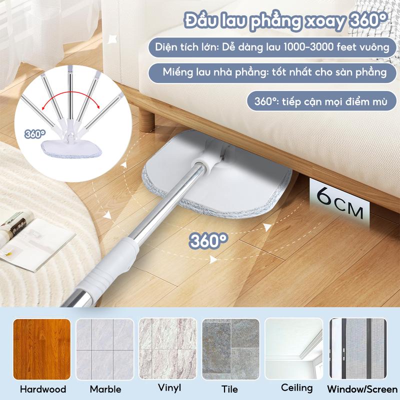 Cây lau nhà phẳng riêng biệt, gia dụng, lau nhà sạch sẽ, thấm nước khô rảnh tay, bộ xô lau nhà xoay thùng nhựa abs xoay được 360 độ cây lau nhà 6