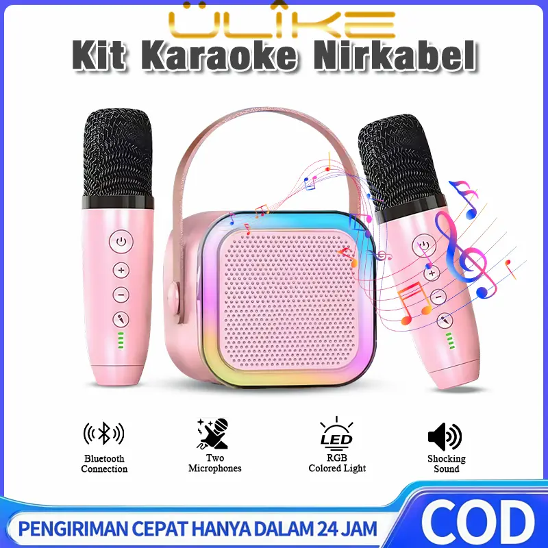 【100% Original】ULIKE Mini Karaoke Speaker Bluetooth Bass K12 Microphone  Premium Set Lengkap Putih-2 Mikrofon