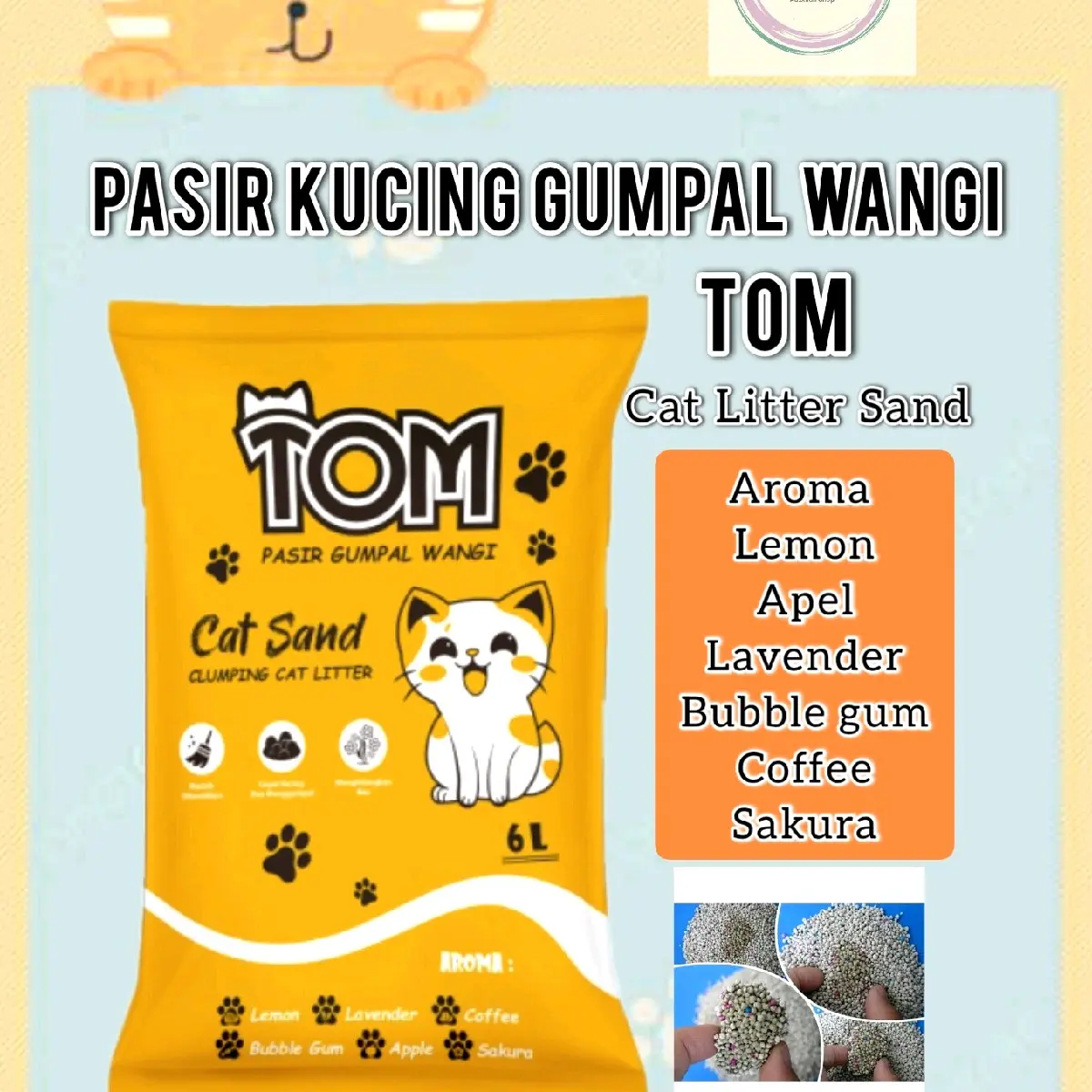 Pasir Kucing Gumpal Wangi 12 Liter TOM Cat Sand Anti Bakteri Beraroma segar