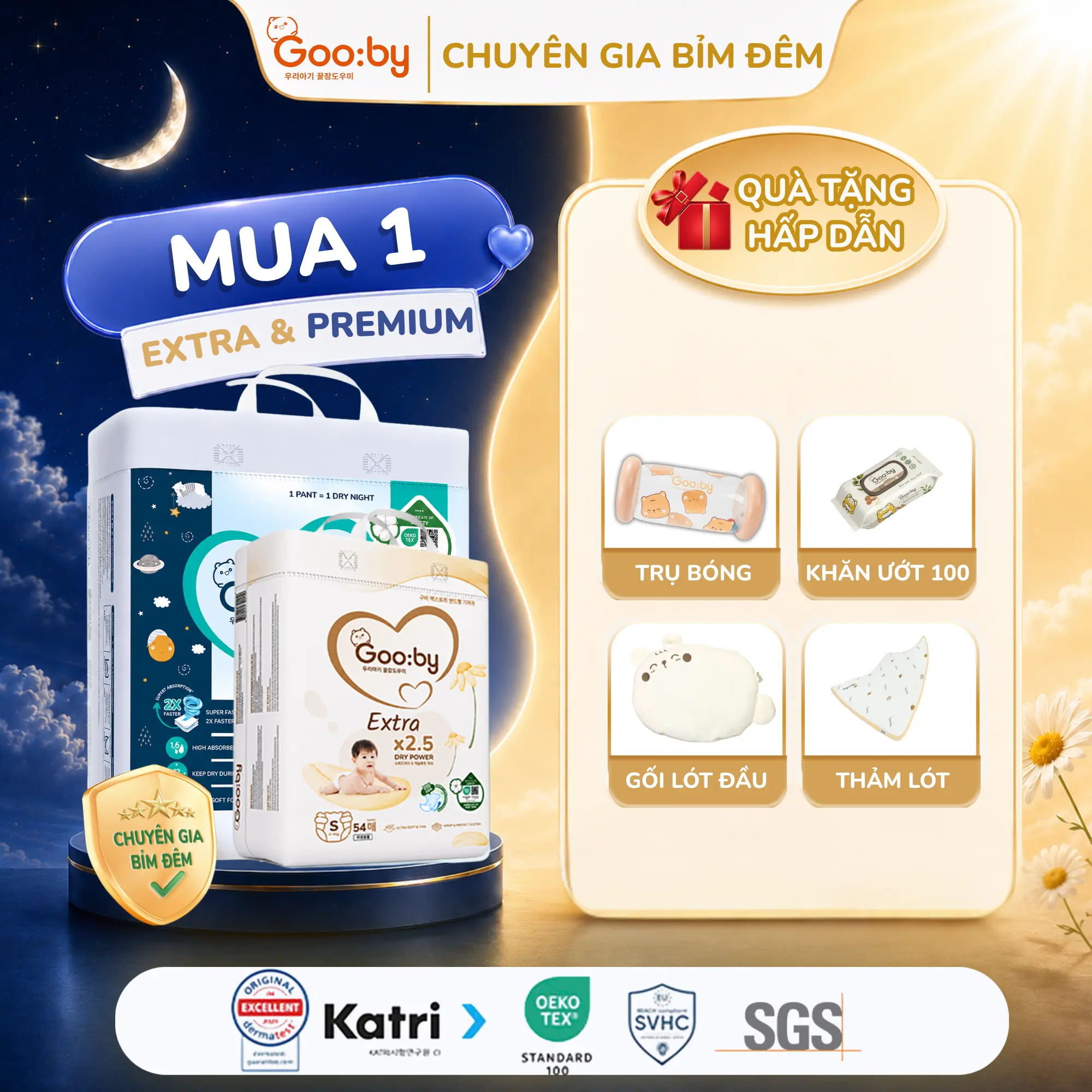 [GOOBY] [Link Mix Bỉm] Tã/bỉm Gooby Bất kì Ngày và Đêm Mềm mại, an toàn, siêu thấm hút cho bé size NB, S, M, L, XL, XXL, XXXL cho bé từ 4kg - 35kg + Quà tặng[Daily]
