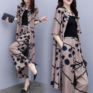 【Tops+Pants】Women Chiffon Two Piece Sets Half Sleeve Wide Leg Pants Sun-Protection Jacket Long Shirt Two Piece Suit