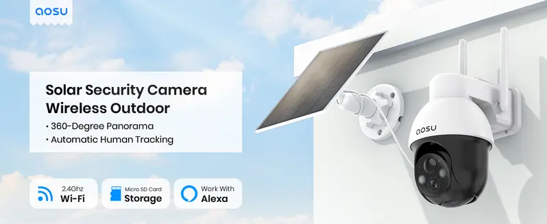 Product Introduction of AOSU Solar Security Camera Wireless Outdoor with Panoramic PTZ, Human Auto Tracking, 2K Night Vision, Light and Sound Alarm, 2-Way Audio, Compatible with Alexa/Google Assistant for Home Surveillance 0