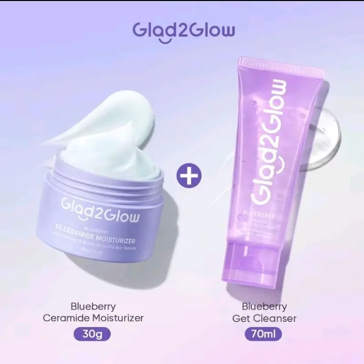 [BUNDLING MOISTURIZER DAN CLEANSER] Glad2Glow Blueberry Ceramide Low pH Gel Cleanser sabun cuci muka facial wash Acne Prone Skin Friendly Facial Wash DAN moisturizer Blueberry  Melembutkan Membersihkan Mencerahkan Wajah Berjerawat Extract Hitam glad glow