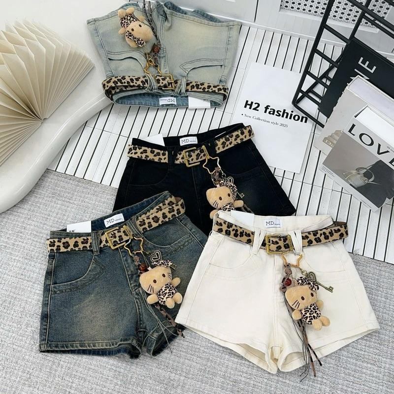 TATTA Jeans |  3985# Quần sooc bò kèm đai da beo charm kitty nâu siêu xinh Jean Đùi Nữ Top Women