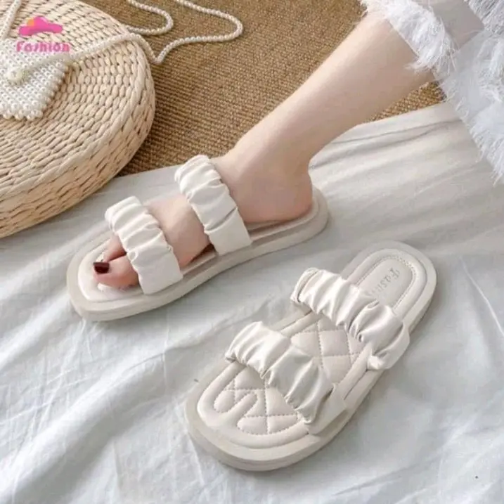 sandal wanita korea kerut kekinian(sandal santai wanita) Hitam 2