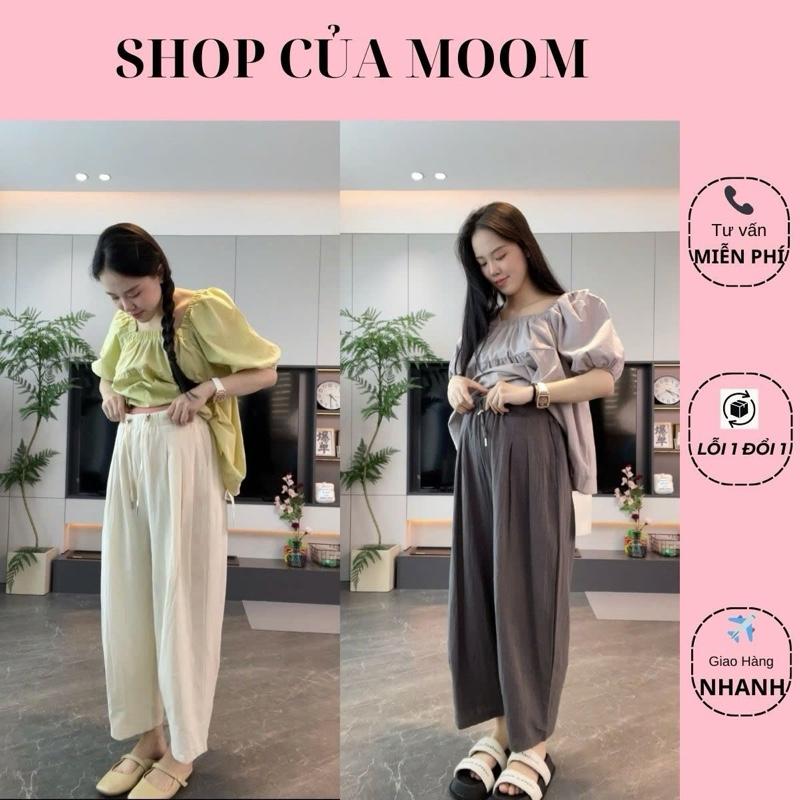   Nhà Moom  Quần bầu Baggy Lụa Băng,Bộ bầu có dây khuy cài rút eo trước và sau sinh 