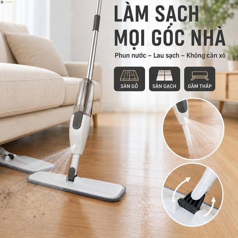 Cây Lau Nhà Thông Minh Phun Sương Xoay 360 Độ Bông Lau Microfiber Dễ Thay Tiện…