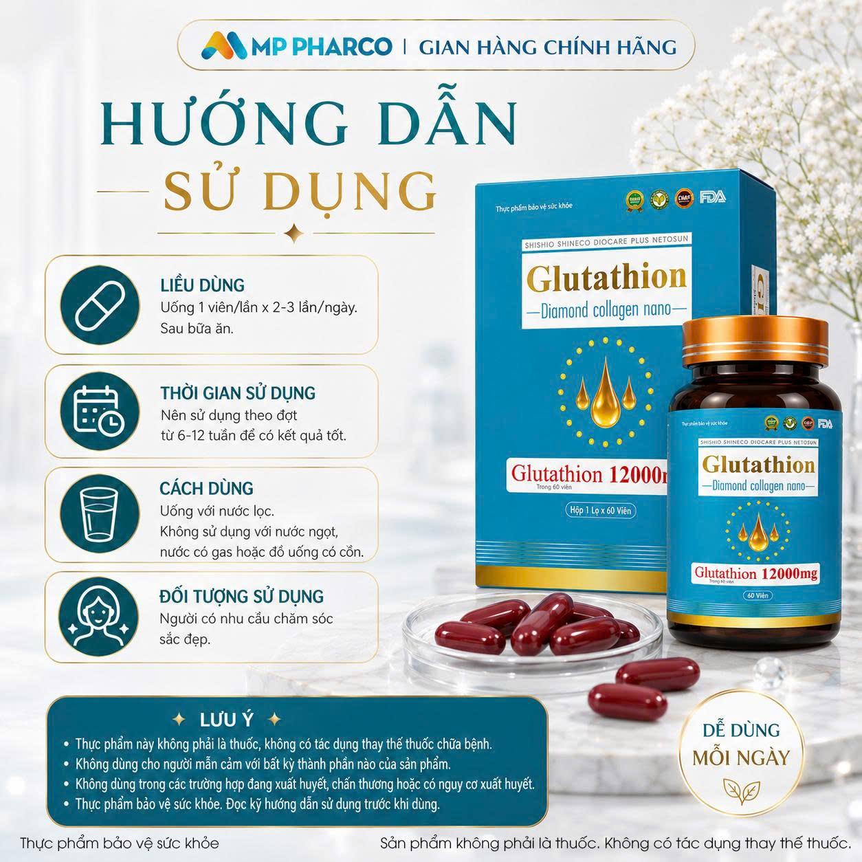 Combo Viên Uống (TPBVSK Hoàn Xuân B.V 60 viên và TPBVSK Vitamin E Đỏ 60 viên & TPBVSK Glutathion Diamond Collagen Nano 12000mg 60 viên ) Hỗ trợ làm sáng da ,làm đẹp da (MP02c)