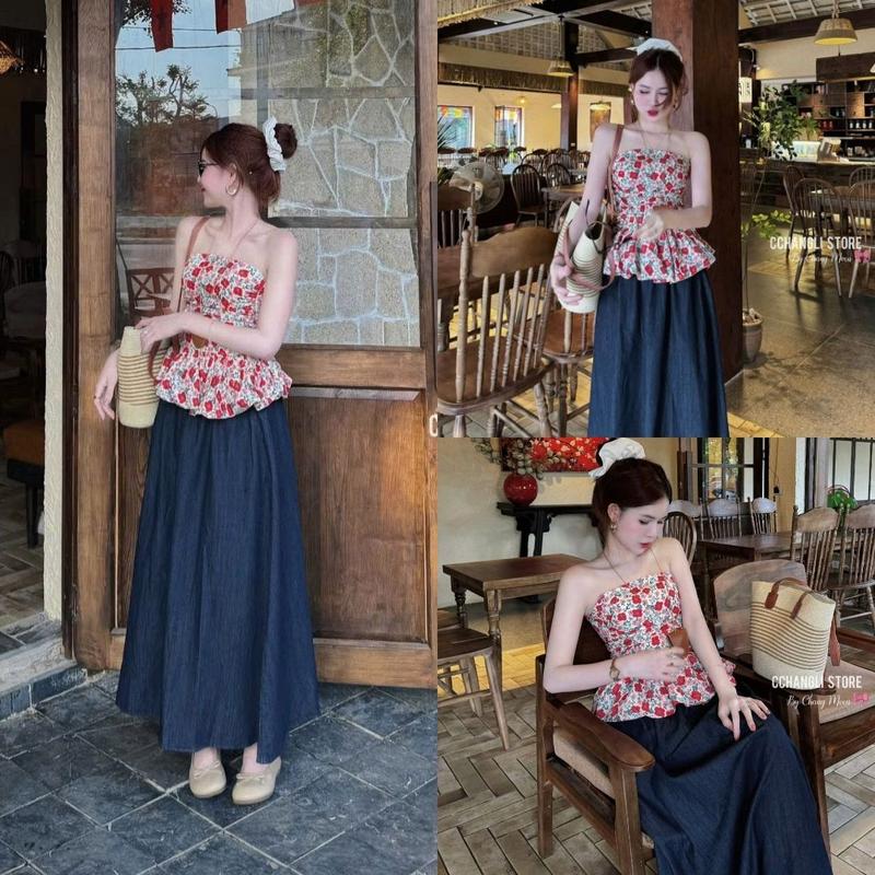 Set Đồ Bộ Nữ Áo Quây Hoa Xinh Mix Chân Váy Bò Midi Dáng Xoè Tôn Dáng – Phong Cách Hàn Quốc Hot Trend 2025 - By BN TRENDY
