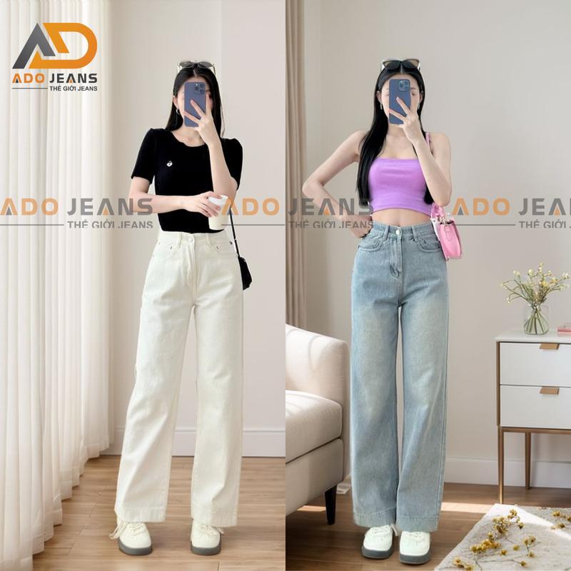 Quần jean dài nữ ống suông cạp cao basic tôn dáng -Túi kiểu