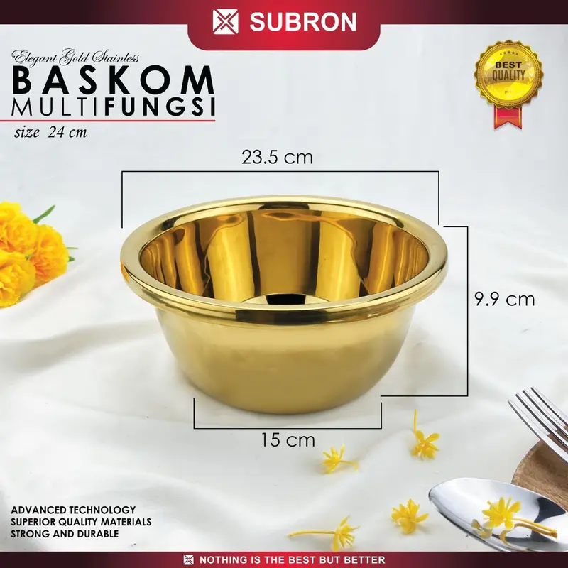 SUBRON Baskom Stainless Gold 24cm Tinggi Tebal Emas Multi Fungsi Wadah Sayur Cuci Daging Kilap Doff Steel 0