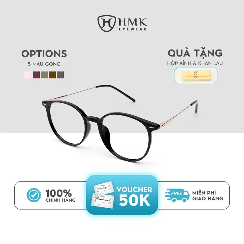 Gọng Kính Cận HMK Eyewear Kim Loại Phối Nhựa Unisex Nam Nữ Dáng Oval Dễ Mang Xinh Xắn, Có Thể Lắp Cận - KL83083 0
