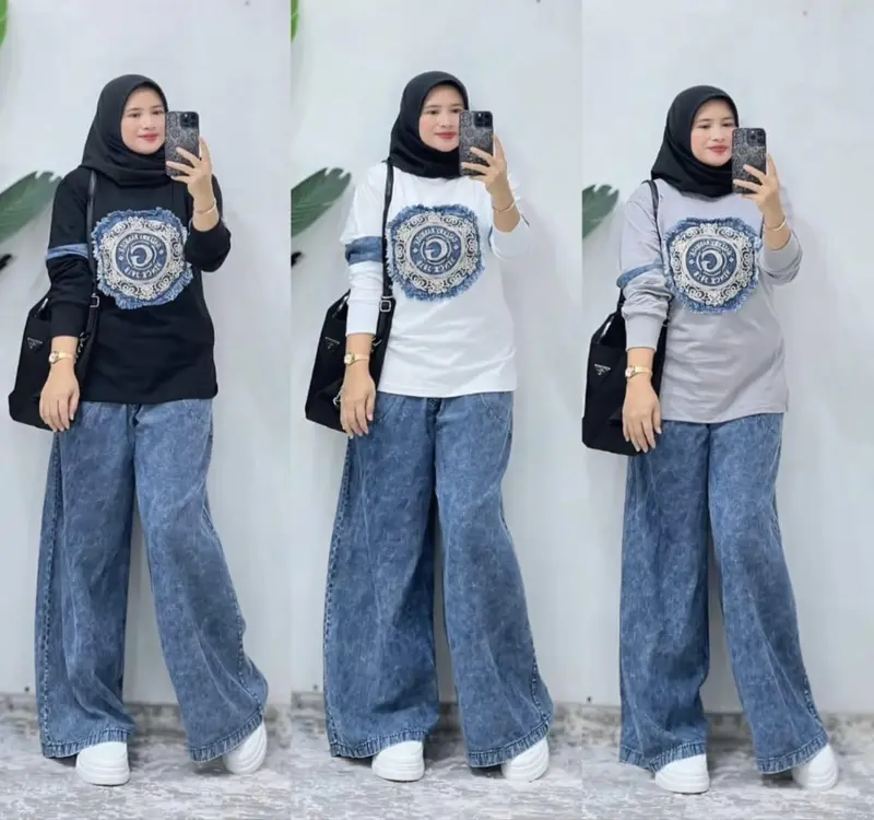 Adeva setelan combat kolaborasi dengan jeans Nyaman , setelan kaos dewasa wanita 0