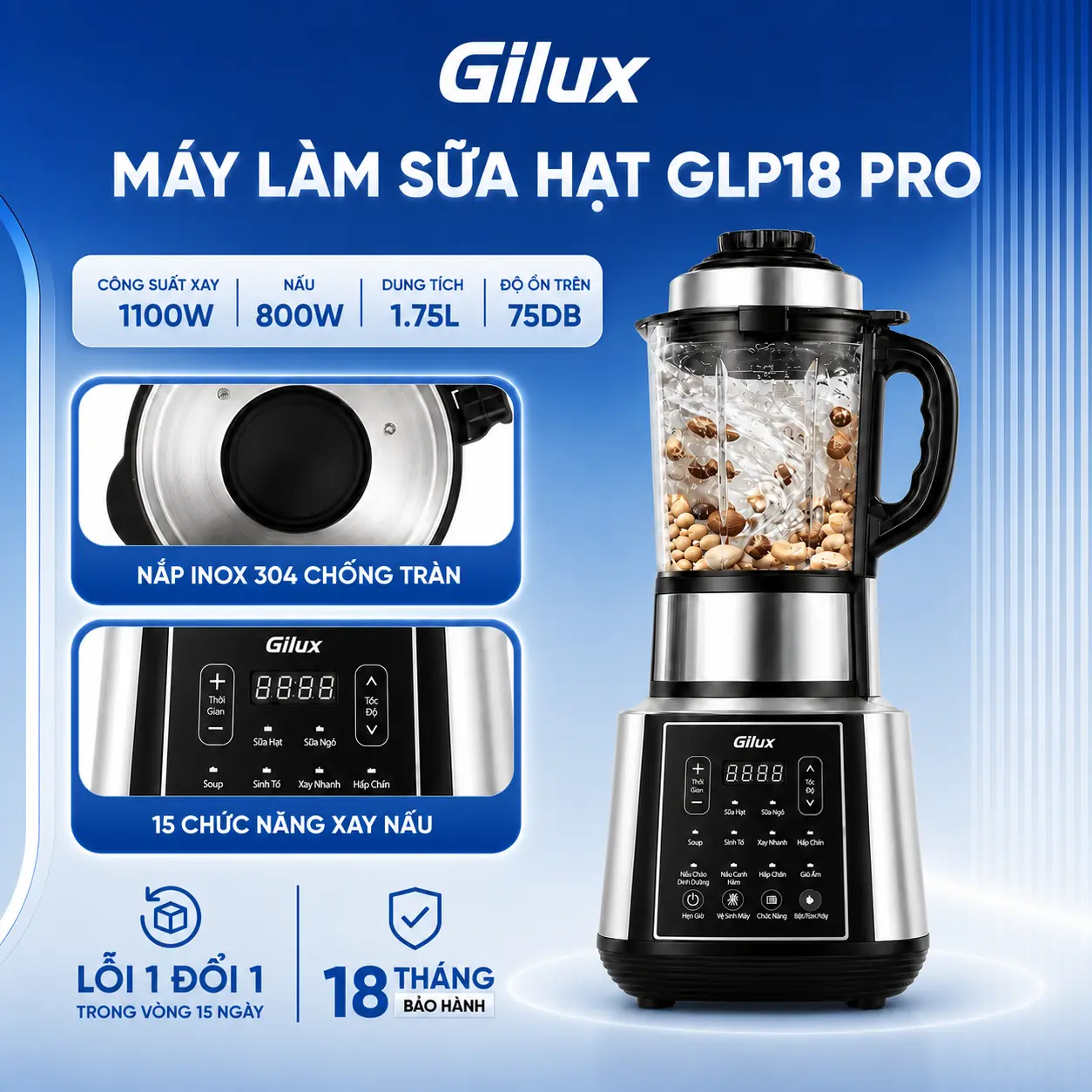 Máy làm sữa hạt Gilux - Cối Thuỷ Tinh - Dung Tích 1,75L - Nắp Inox