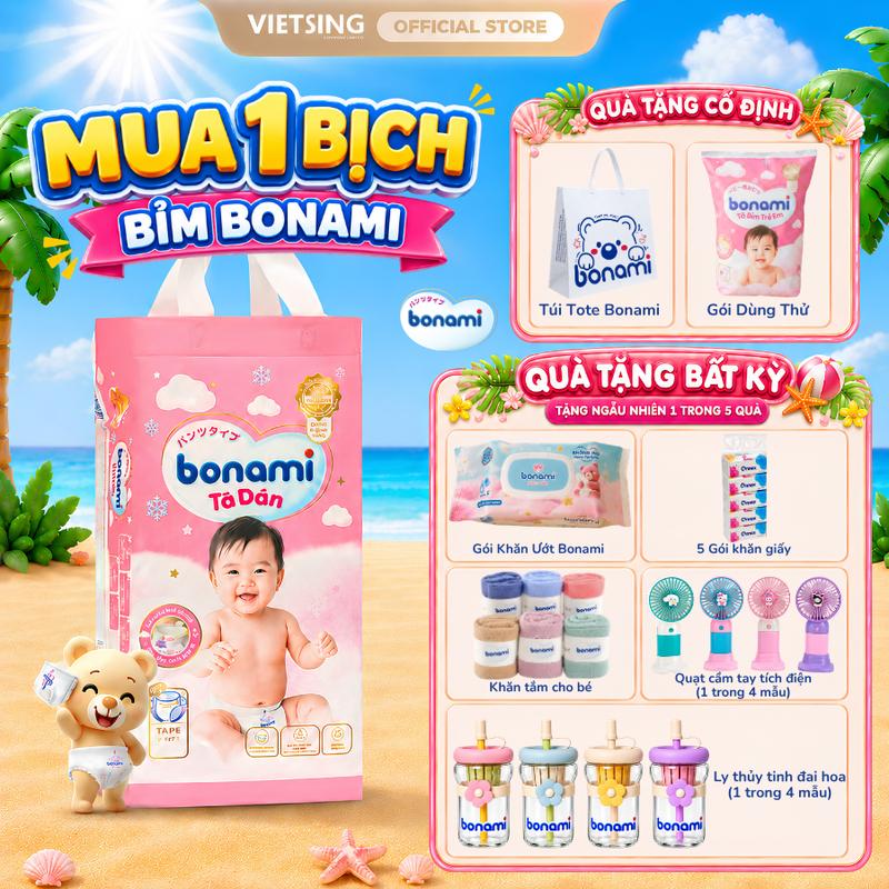 [SALE 10.10] Bỉm Bonami Chính Hãng Siêu Thấm Hút Mềm Mại An Toàn Cho Bé Từ 2kg - 35kg Đủ Size NB-4XL [TẶNG Quạt Cầm Tay/ Ly Đựng Nước/ Khăn Ướt Bonami / Khăn Tắm/ 5 Gói Khăn Giấy  +Túi Tote Bonami + Gói Bỉm Dùng Thử]