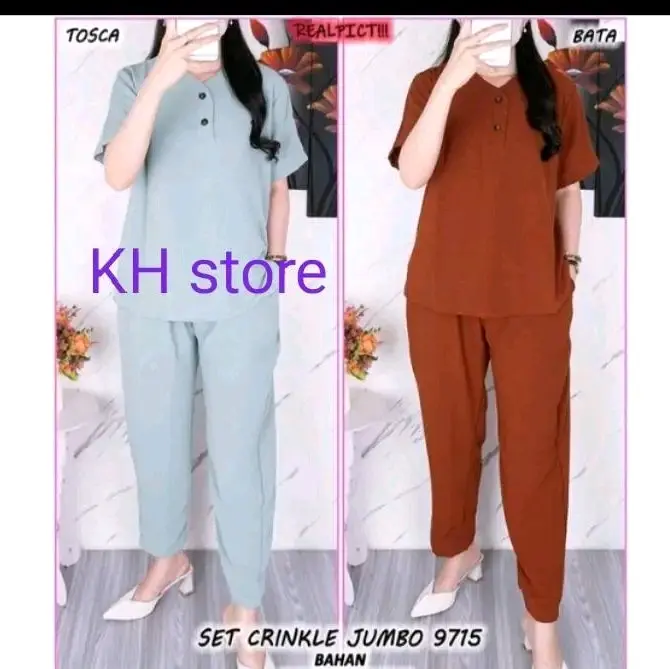 setelan pakaian wanita crinkle air flow terbaru lengan pendek clana panjang bhan crinkle 0
