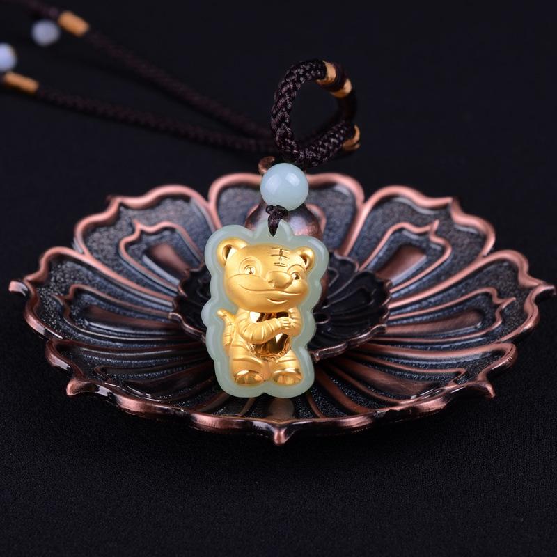 Gold Inlaid with Jade Chinese Zodiac Pendants Hotian Jade Pendant Zodiac Men's and Women's Animal Year Mouse Pendant 3