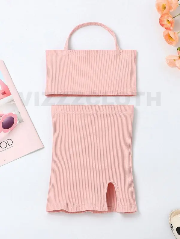 SETELAN ANAK PEREMPUAN RIB KNIT HALTER TOP & SPLIT HEM SKIRT USIA 1-5tahun BAJU ANAK PEREMPUAN 3