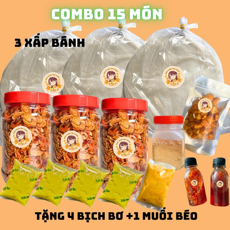   TRỌN VỊ 15 MÓN  Bánh tráng phơi sương 3 xấp ruốc hành phi 3 hủ bơ trứng gà muối béo,2 loại sốt tóp mỡ muối nhuyễn 
