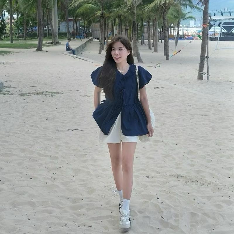 [ DEAL MỞ BÁN] Sét áo kèm quần bigsize cho nữ, áo kiểu sơ mi dây buộc nơ tay bồng dáng babydoll nhẹ nhàng kèm quần short lung thun co giản tốt có đủ size 50-95kg ( A191 , Q500) Đậu bigsize