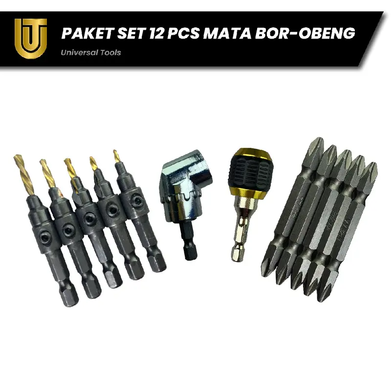 Peket Set 12 pcs: 1 pcs keyless Chuck kepala bor hexagonal, 1 pcs Ekstensi kepala bor L shape, 5 pcs set mata bor countersink sekrup, dan 5 mata obeng magnet ph2. 1
