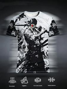 Camiseta deportiva de fútbol para hombre estilo japonés, cuello redondo, camiseta cómoda para jóvenes, estampado de samurái, ajuste casual