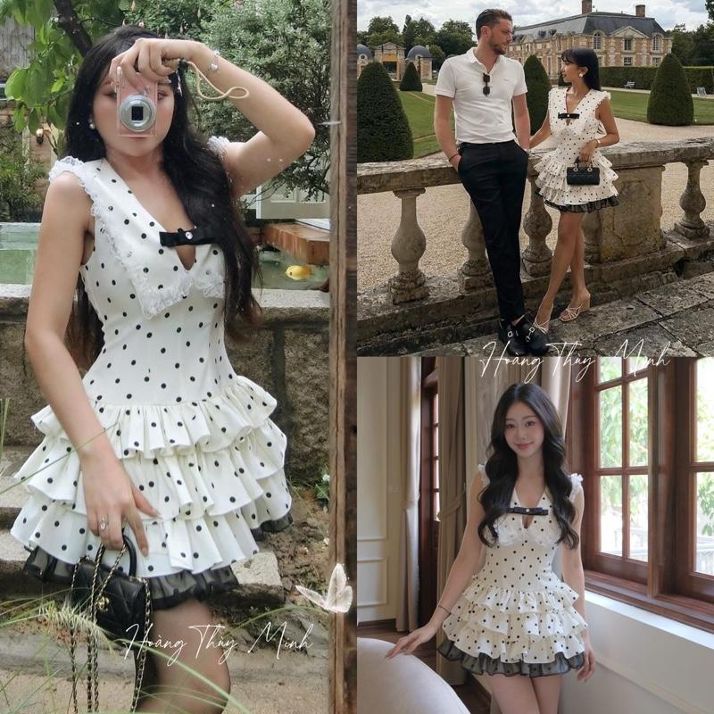  T1- Kèm Khuy Đá Váy Tiểu Thư Chấm Bi Đính Nơ Đen Cổ Ren Phối Nơ Bèo Tầng Xinh Xắn Kèm Quần Trẻ Trung,Năng Động,Ngọt Ngào-HoangThuyMinh97 