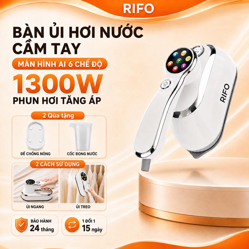 Bàn Ủi Hơi Nước Cầm Tay RIFO 1300W, Bàn Ủi Mini Màn Hình LED 7 Chế Độ, Phun Hơi Tăng Áp
