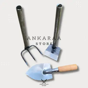 Satu Set Peralatan Berkebun 3 pcs Garuk Cangkul Mini Gagang Pipa Dan Sekop Taman Lancip Siap Pakai