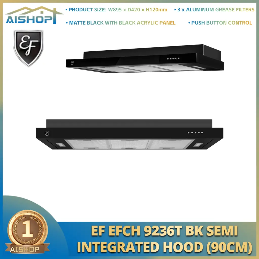[SG Seller]EF EFCH 9236T BK 90CM Cooker Hoods High Suction Power Semi Integrated Conventional Hoods