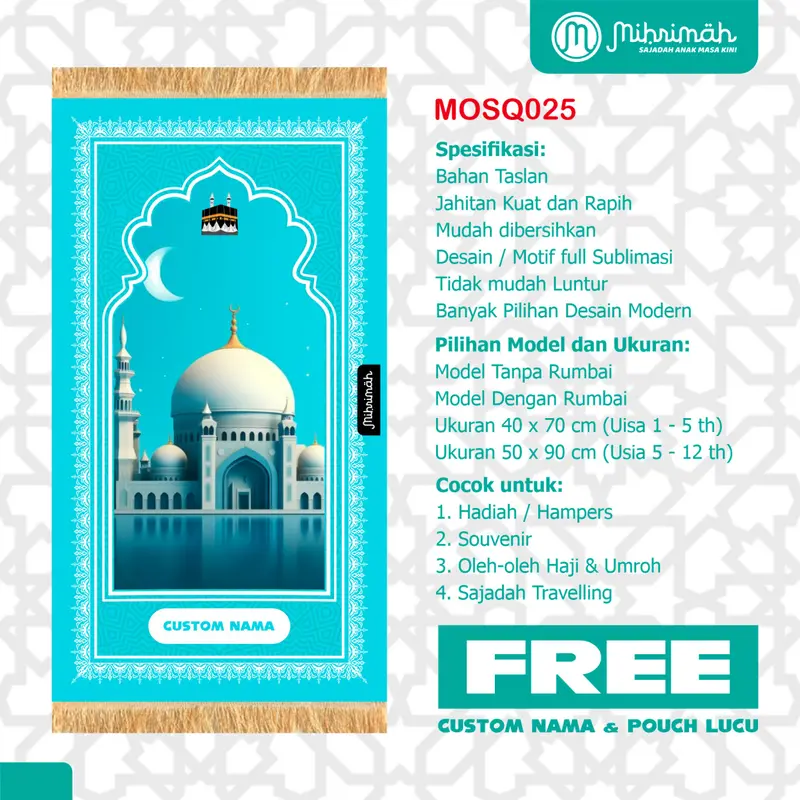 FREE CUSTOM NAMA - Sejadah Anak Perempuan anti Air- Design Trendi By Mihrimah - Mosque Series Series 0